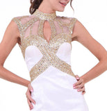 Cinderella Divine 8760 High Neck Embellished Trumpet Full Length Off White Satin Evening Gown