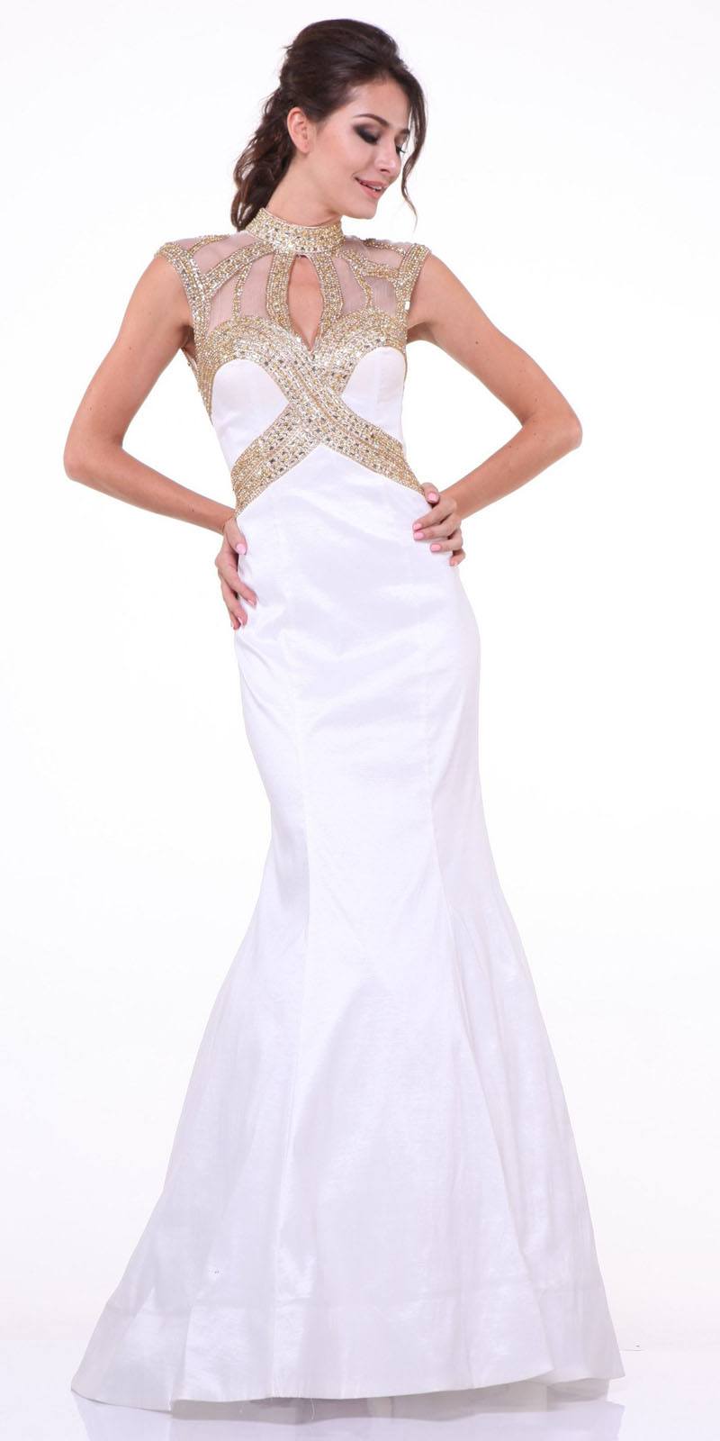 Cinderella Divine 8760 High Neck Embellished Trumpet Full Length Off White Satin Evening Gown