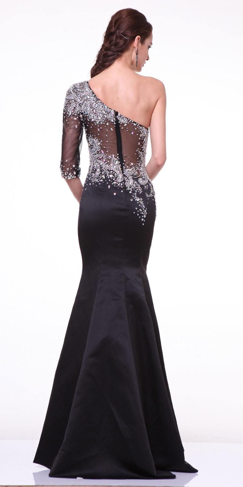 Formal Black Mermaid Dress One Shoulder Sleeve Embellished Sheer Bodice