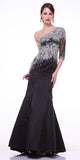 Formal Black Mermaid Dress One Shoulder Sleeve Embellished Sheer Bodice