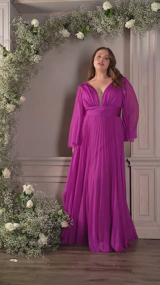 Cinderella Divine CD242C Pleated Chiffon Long Sleeve Gown