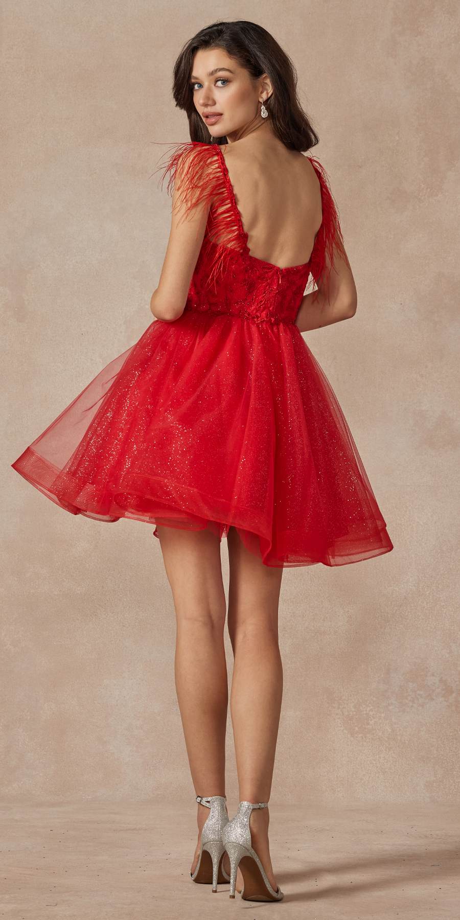Juliet 881 Feather Straps Sheer Bodice Short A-line Tulle Dress