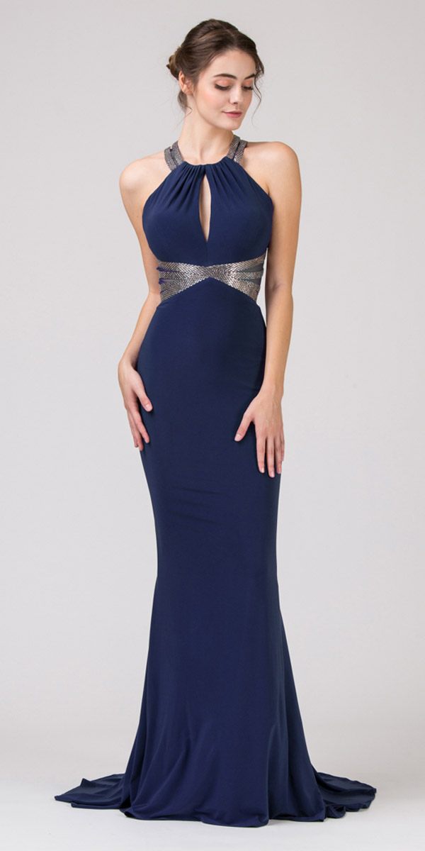 Eureka Fashion 8843 Navy Blue Keyhole Bodice Mermaid Long Prom Dress
