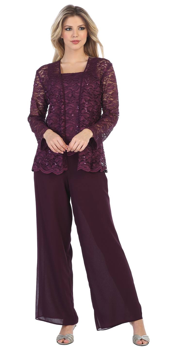 Sally Fashion 8850 Plum Pant Set Includes Jacket and Top