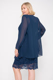 J&J Fashion 8852 Lace Knee Length Semi Formal Dress with Long Sleeve Jacket Navy Blue