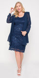 J&J Fashion 8852 Lace Knee Length Semi Formal Dress with Long Sleeve Jacket Navy Blue