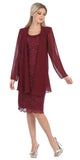 Lace Knee Length Semi Formal Dress with Long Sleeve Jacket Burgundy