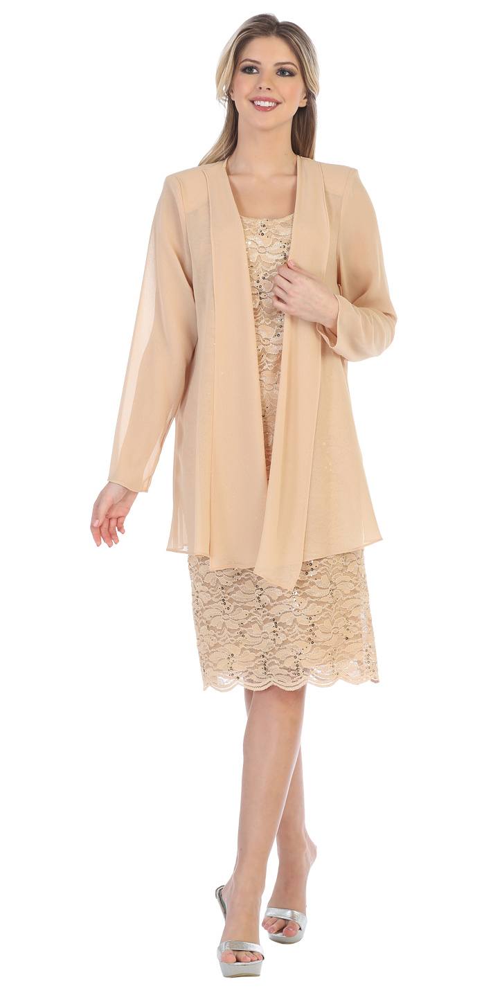 Lace Knee Length Semi Formal Dress with Long Sleeve Jacket Gold