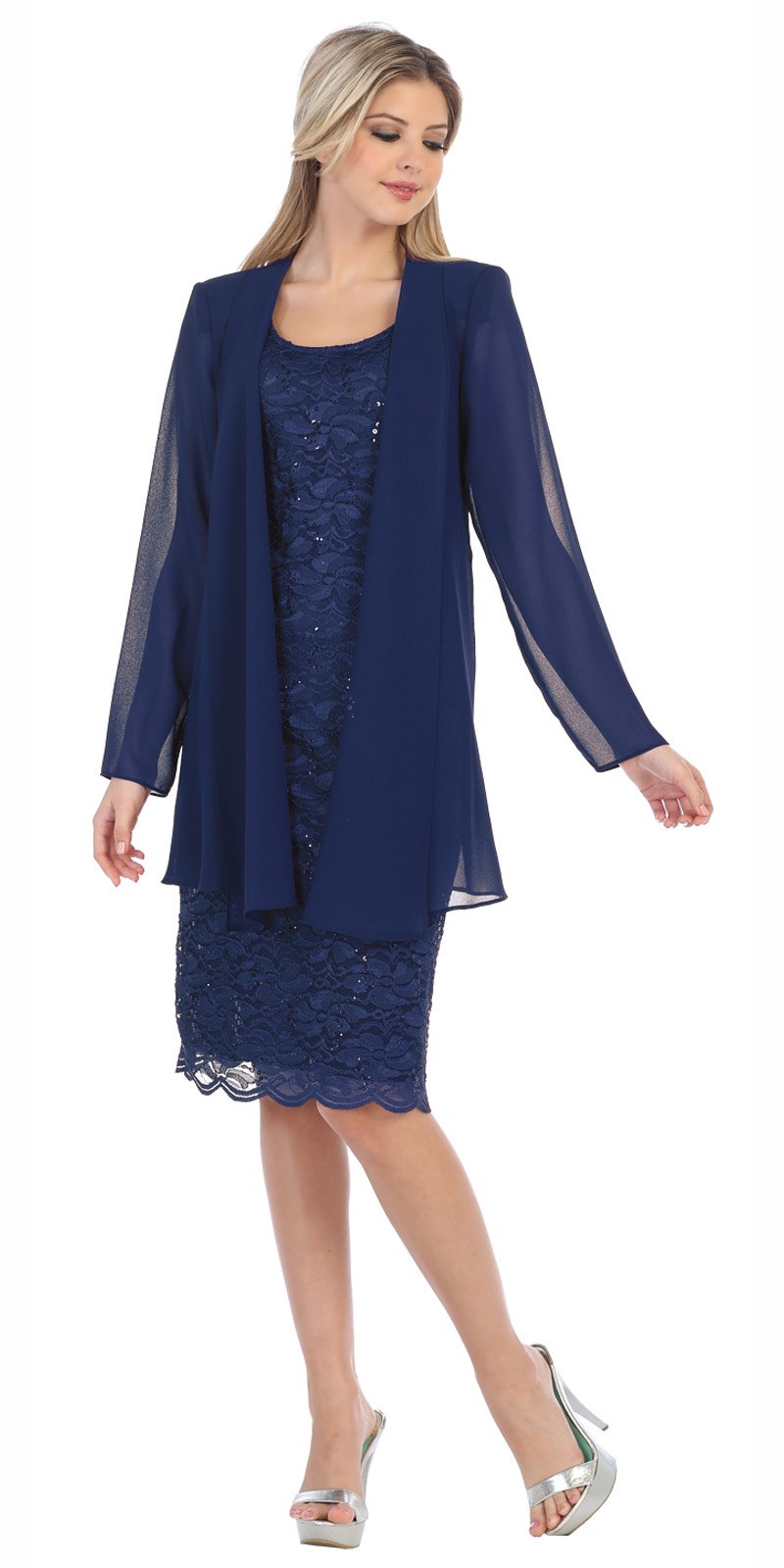 Lace Knee Length Semi Formal Dress with Long Sleeve Jacket Navy Blue