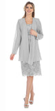 Lace Knee Length Semi Formal Dress with Long Sleeve Jacket Silver
