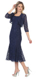 Navy Blue Tea-Length Semi-Formal Dress with Lace Bolero Jacket
