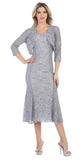 Silver Tea-Length Semi-Formal Dress with Lace Bolero Jacket