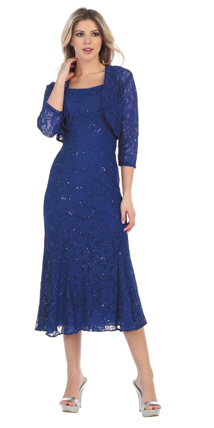 Royal Blue Tea-Length Semi-Formal Dress with Lace Bolero Jacket