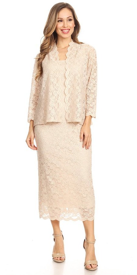 Tea-Length Khaki Lace Formal Dress with Long Sleeve Bolero