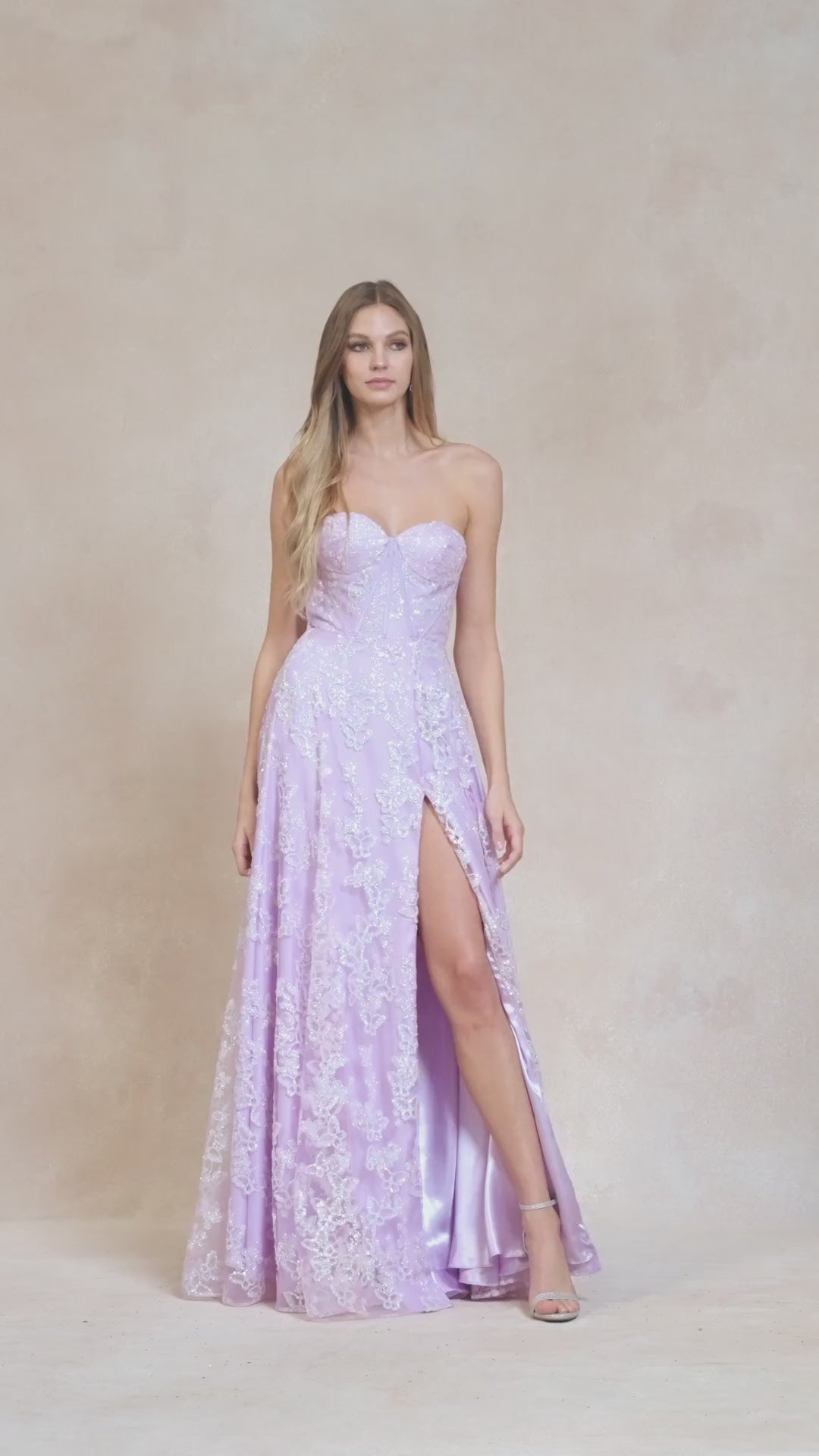 Juliet 2403 Long Butterfly Glitter Embroidered Gown with Corset Top