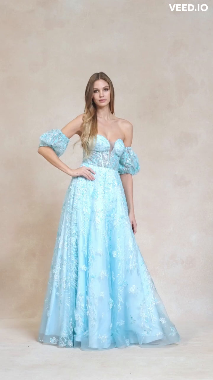 Juliet 2404 Strapless Sequin Tulle Ballgown Removable Puff Sleeves