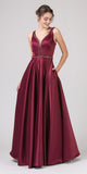 Eureka Fashion 9010 Embellished Long Prom Dress V-Neck with Pockets Burgundy