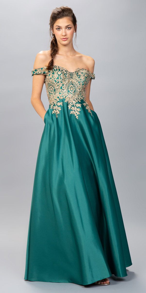 Eureka Fashion 9027 Emerald Off-Shoulder Long Prom Dress with Pockets