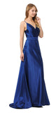 V-Neck Long Formal Dress with Spaghetti Strap Navy Blue