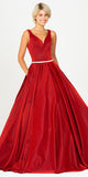 Red V-Neck Prom Ball Gown with Pockets