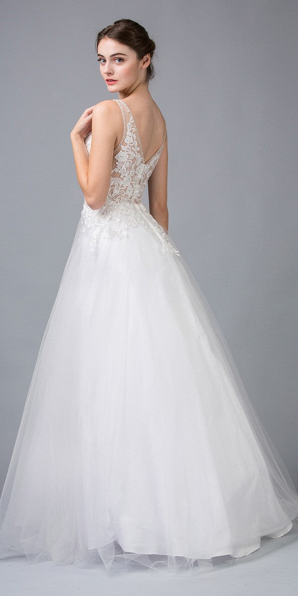 Off-White V-Neck and Back Appliqued Wedding Gown