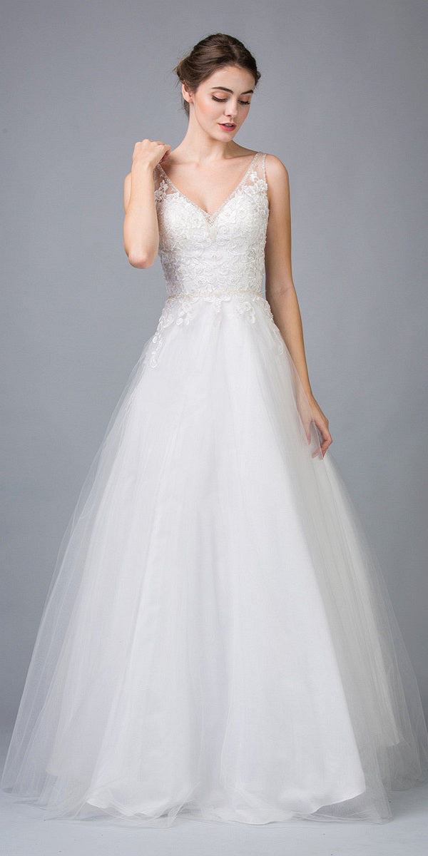 Off-White V-Neck and Back Appliqued Wedding Gown