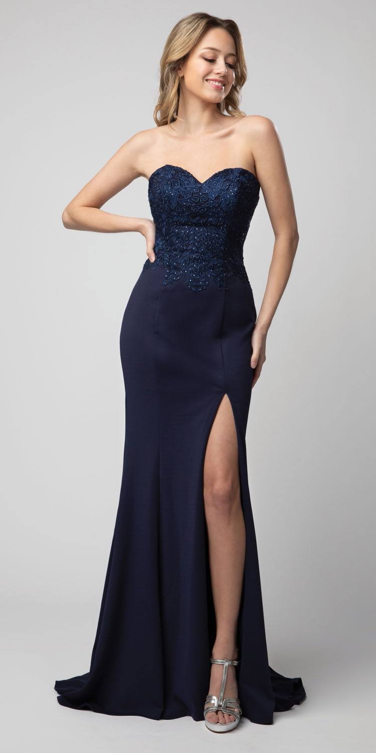 Navy Blue Embellished Strapless Long Prom Dress with Slit