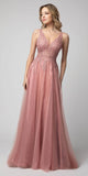 Embroidered Long Prom Dress V-Neck and Back Dusty Rose