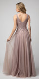 Embroidered Long Prom Dress V-Neck and Back Mauve