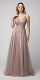 Embroidered Long Prom Dress V-Neck and Back Mauve