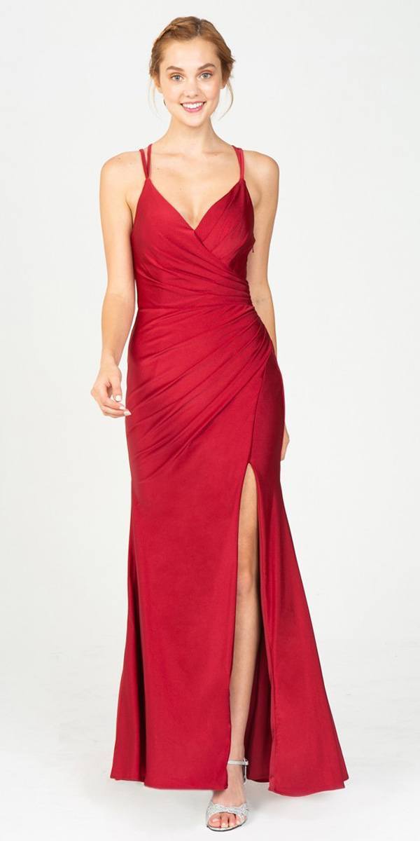Eureka Fashion 9333 Burgundy Fit and Flare Evening Gown with Slit 