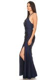 Eureka Fashion 9333 Navy Blue Fit and Flare Evening Gown with Slit 