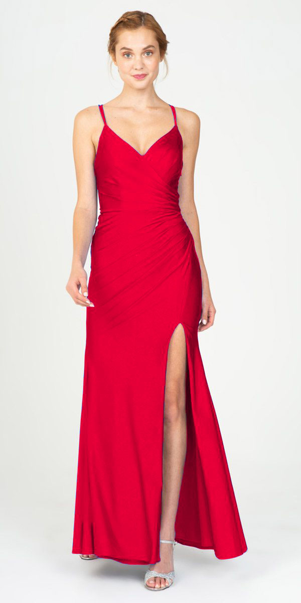 Eureka Fashion 9333 Red Fit and Flare Evening Gown with Slit 
