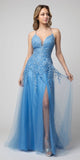 Lace-Up Back A-Line Long Prom Dress Blue with Slit