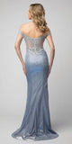 Metallic Blue Off-Shoulder Long Prom Dress with Slit