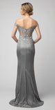 Metallic Gray Off-Shoulder Long Prom Dress with Slit