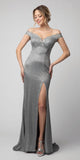 Metallic Gray Off-Shoulder Long Prom Dress with Slit