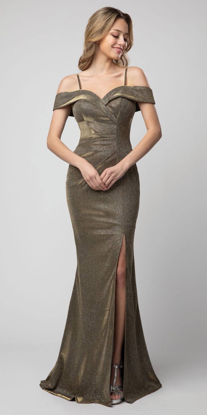 Cold-Shoulder Metallic Long Mermaid Prom Dress Metallic Olive