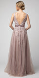 Appliqued V-Neck and Back Long Prom Dress Mauve