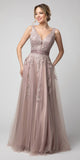 Appliqued V-Neck and Back Long Prom Dress Mauve