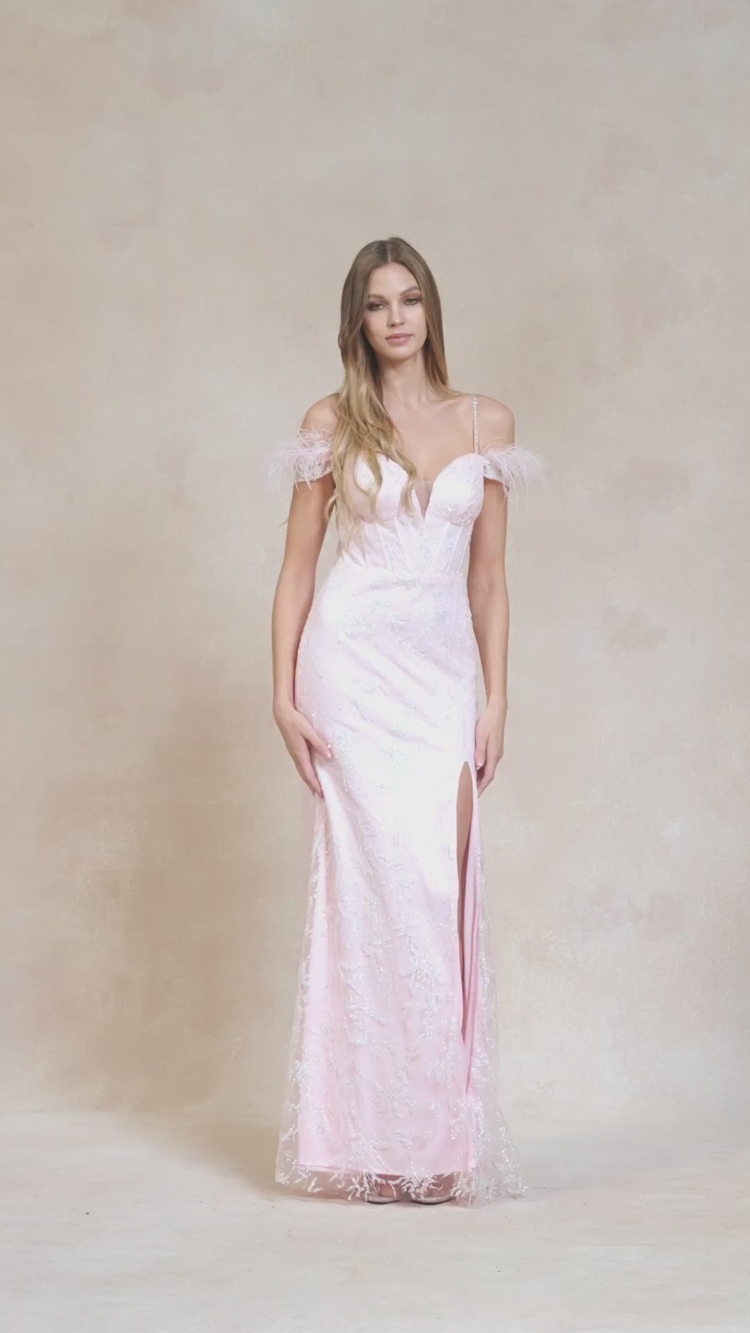 Juliet 2402 Glitter Leaf Sequin Gown with Feathered Sleeves and Slit