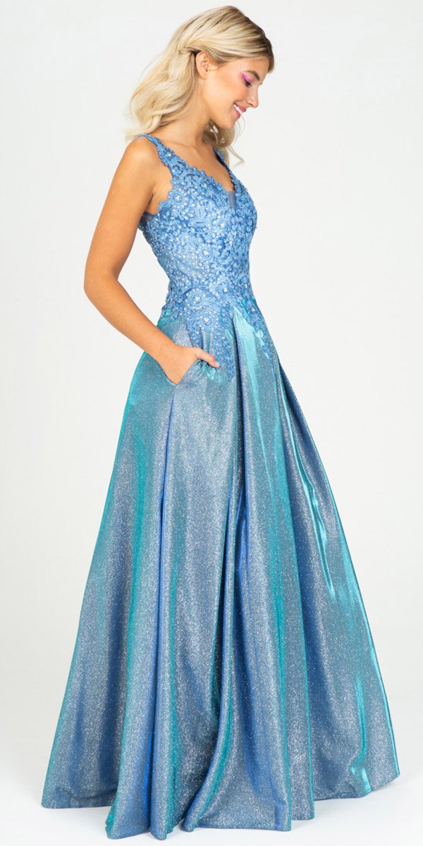 Eureka Fashion 9606 Steel Blue Shimmering Long Prom Dress Appliqued Bodice