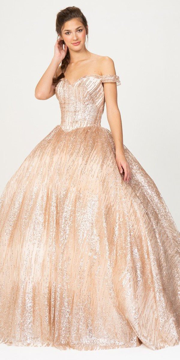 Off-Shoulder Glitter Prom Ball Gown Rose Gold