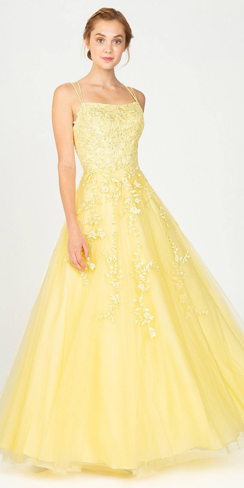 Eureka Fashion 9757 Appliqued Yellow Prom Ball Gown Lace-Up Back