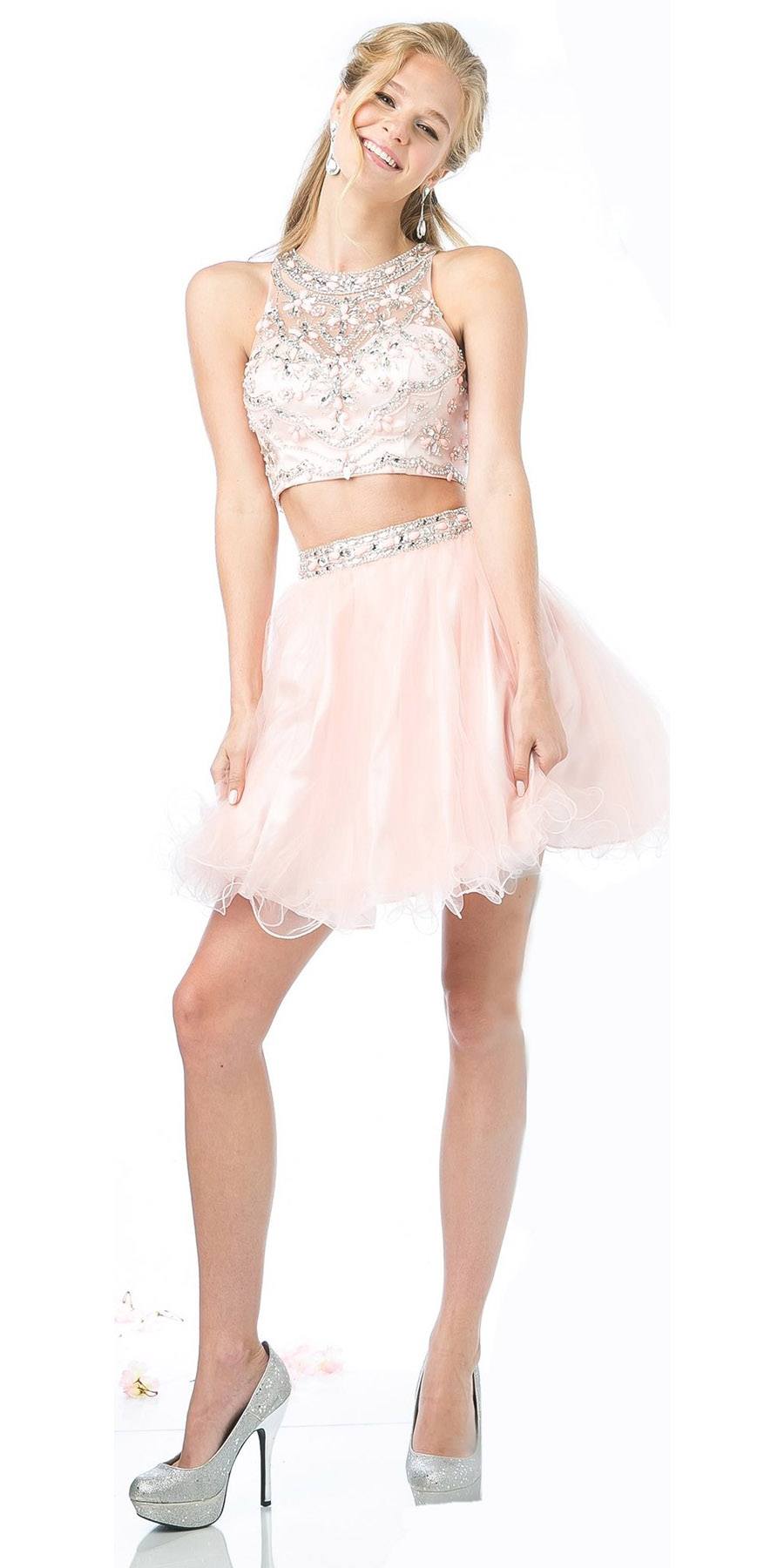 Cinderella Divine 975 Two Piece Illusion Beaded Crop Top Blush Tulle Homecoming Dress