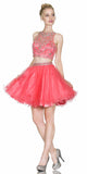 Cinderella Divine 975 Two Piece Illusion Beaded Crop Top Coral Tulle Homecoming Dress