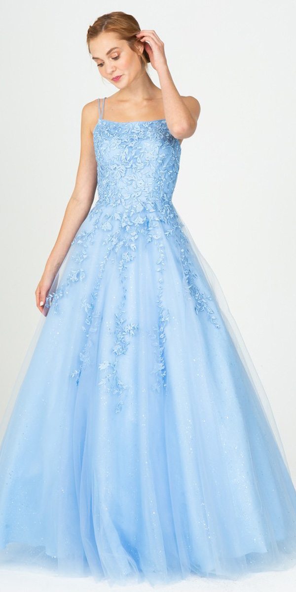 Eureka Fashion 9757 Appliqued Bahama Blue Prom Ball Gown Lace-Up Back