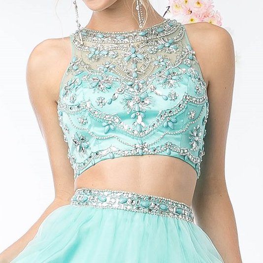 Cinderella Divine 975 Two Piece Illusion Beaded Crop Top Mint Tulle Homecoming Dress