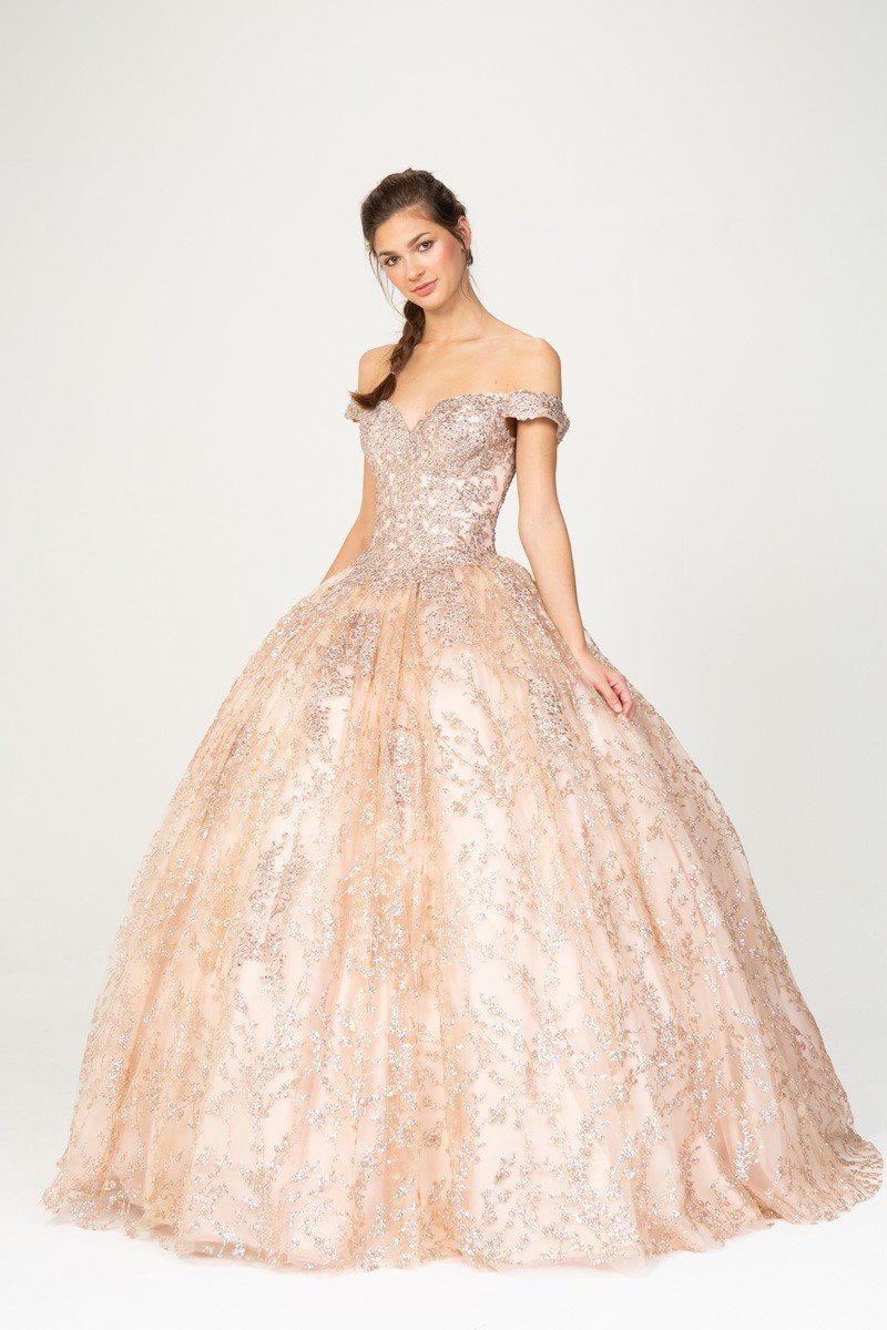 Off-Shoulder Rose Gold Prom Ball Gown Lace-Up Back