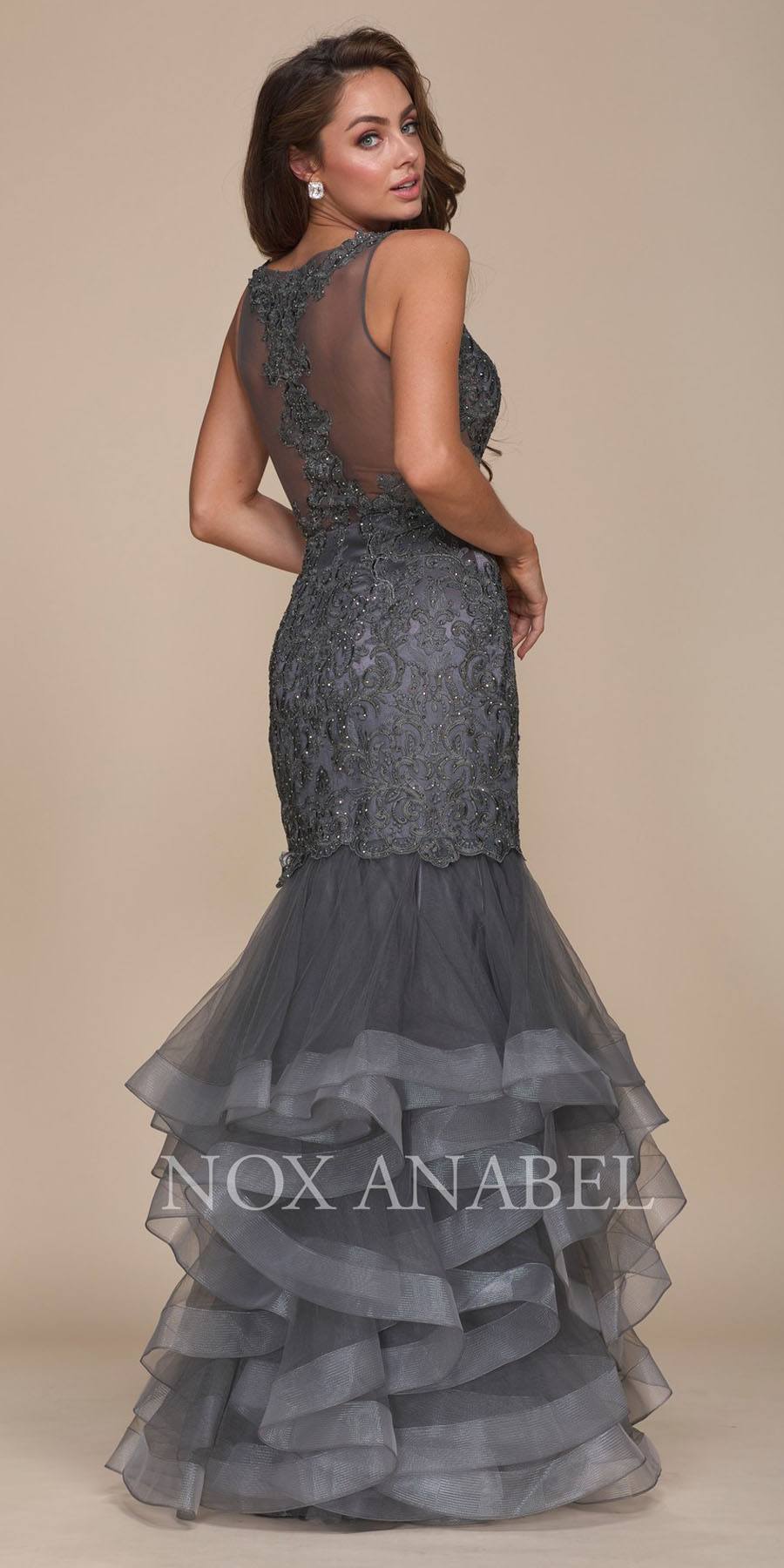 Steel Tiered Mermaid Prom Gown Illusion Back V-Neck 